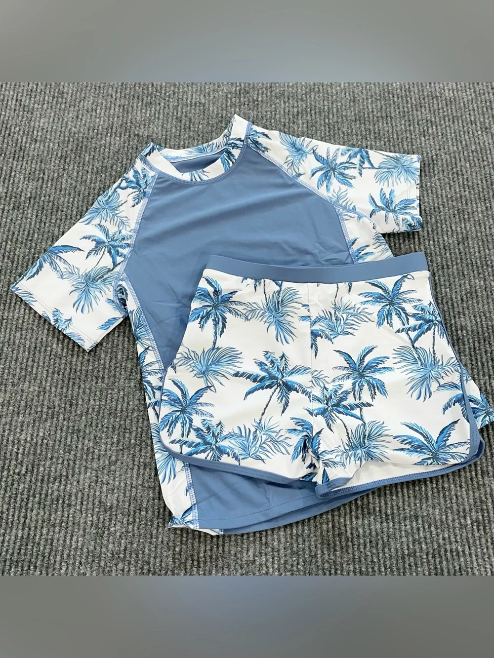 Kids Blue Palm Tree Tropical Rash Guard and Swim Shorts Set Size 12T